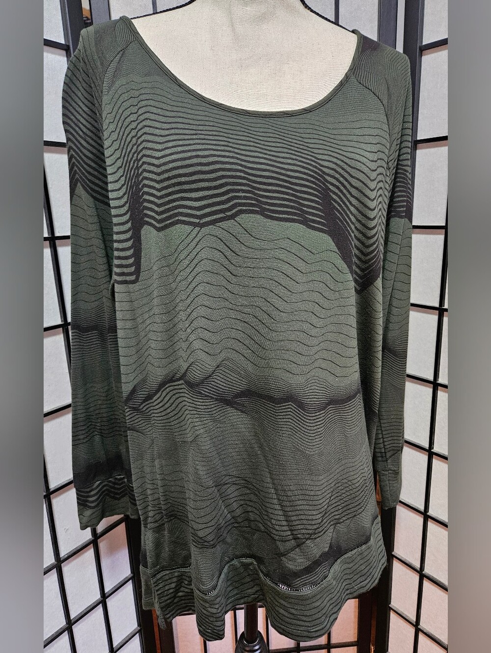 Soma Large Long Sleeve French Terry Easy Tunic Green Black Agile Lined Top